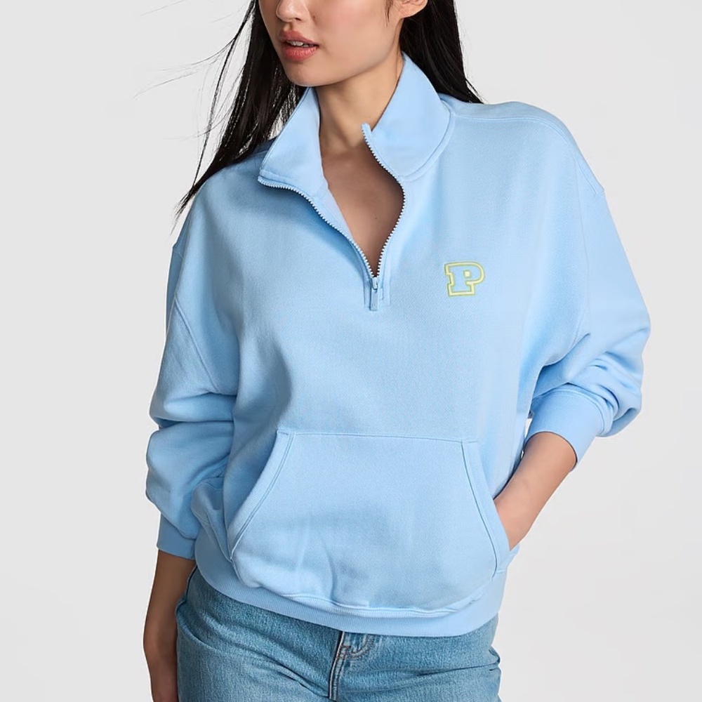 Victoria's Secret PINK Ivy Fleece Quarter-Zip Sweatshirt Blue XL NEW